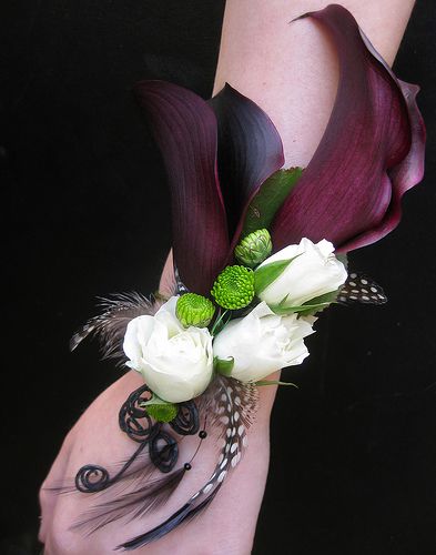 Flowers And Feathers, Mini Calla Lilies, Peacock Wedding Theme, Bridesmaid Corsage, Corsage And Boutonniere, Corsage Prom, Prom Flowers, Peacock Wedding, Flower Corsage