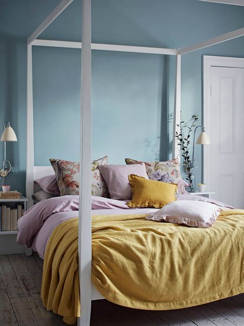 Bedroom schemes for sweet dreams Bedroom Schemes, Mustard Bedroom, Lilac Bedroom, Country Living Uk, Bedroom Furniture Layout, Plaid Blankets, Purple Bedroom, Purple Rooms, Bedroom Deco