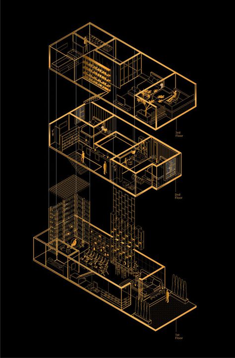 Feature House - Apostrophys Exploded Isometric Portfolio D'architecture, Architecture Cool, Axonometric Drawing, Henning Larsen, Isometric Drawing, Architecture Presentation Board, Architecture Panel, Architecture Board, Concept Diagram