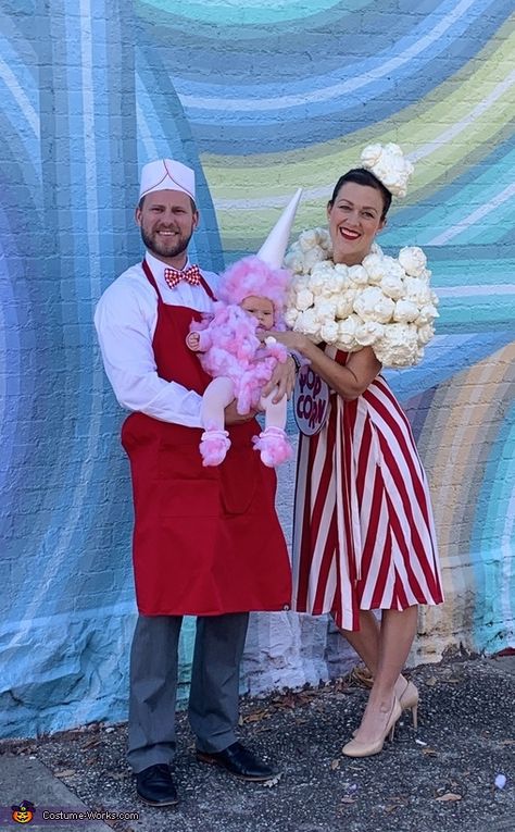 Jennifer: We are the Dickerson family and we’re dressed as carnival food and a vendor. My daughter, her first Halloween, is cotton candy. I am popcorn. My husband is a food... Circus Popcorn Costume, Popcorn Couple Costume, Carnival Food Costumes, Food Dress Up Costume, Junk Food Costume, Popcorn Vendor Costume, Kids Carnival Costumes, Carnival Dress Up Ideas, Food Costumes Diy