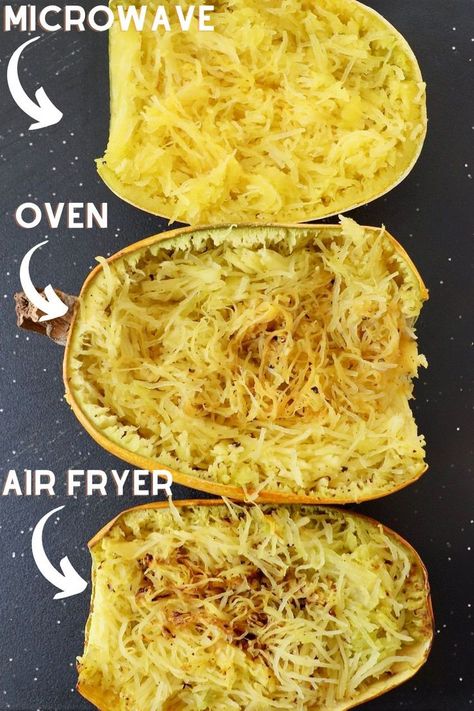 three halves of cooked spaghetti squash on cutting board with text overlay Air Fryer Spaghetti Squash, Air Fryer Spaghetti, Cooked Spaghetti Squash, Ground Turkey Chili Recipe, Spaghetti Squash Microwave, Squash In Oven, Easy Spaghetti Squash, Spaghetti Squash Recipes Easy, Cook Spaghetti Squash