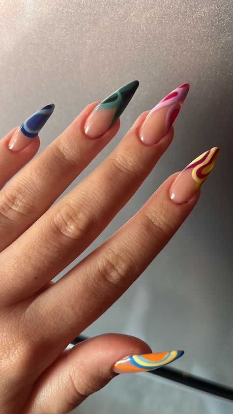 Oval Nails Colorful, Abstract Nail Art Almond Shape, Almond Junk Nails, Every Nail Different Design, Unique Almond Nails, Graphic Nail Designs, Almond Nails Black Women, Abstract Art Nails, Kutek Disney