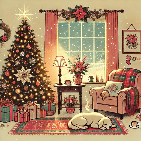 Cozy Lo-Fi Christmas Scene with Cat, Dog, and Festive Decor KALKODISbyKRKDHK Capture the essence of a cozy Christmas evening with this lo-fi illustration of a festive living room. Featuring a glowing Christmas tree, a sleeping cat, and a dog resting on a holiday rug, the scene exudes warmth and holiday cheer. Delicate poinsettias and holly flowers add a touch of natural elegance, while snow gently falls outside the window. Designed in a nostalgic, minimalist hand-drawn style with pastel tone... Festive Living Room, Holiday Rug, Holiday Rugs, Outside The Window, Lo Fi, Christmas Room, Festive Decor, Christmas Drawing, Dog Illustration