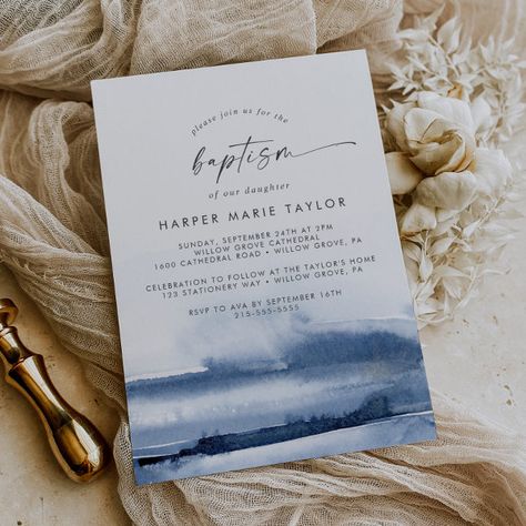 Modern Watercolor | Blue Baptism Invitation Typography Creative, Modern Bridal Shower Invitations, Tropical Wedding Invitations, Watercolor Baby Shower, Modern Bridal Shower, Printable Invitation Templates, Winter Wedding Invitations, Baptism Invitation, Modern Watercolor