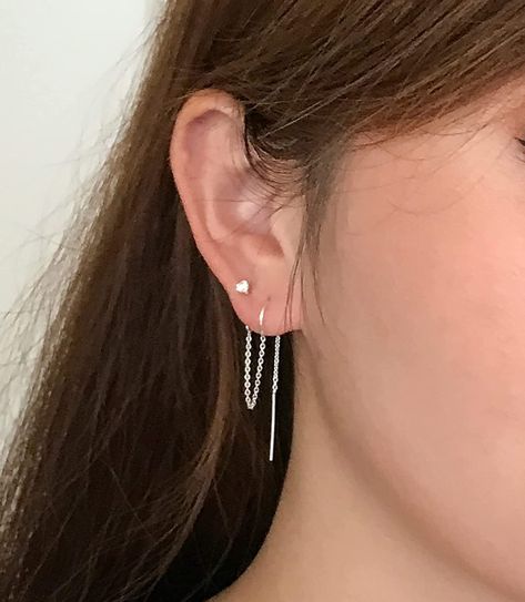 Threaded Earrings Double Piercing, Earring For Two Holes, One Dangly Earring, Earring For 2 Holes, Earrings For Two Holes, 2 Lobe Earrings, Seconds Ear Piercing Silver, Double Ear Piercing Chain, Double Dangle Earrings