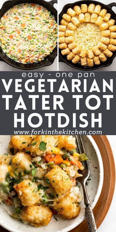 Fast Easy Vegetarian Meals, Tator Tot Casserole Recipe Easy No Meat, Veggie Pot Pie Casserole, One Pan Dinner Vegetarian, Vegetarian Hot Dish Recipes, Vegetarian Noodle Casserole, Yummy Vegitarian Foods, Tater Tot Casserole Meatless, Easy Winter Vegetarian Meals