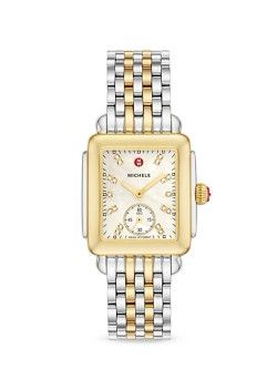 Michele - Deco Two-Tone Diamond Marker Rectangular Bracelet Watch $1,595.00 Gold Diamond Watches, Apple Watch Bracelets, Art Deco Architecture, Two Tone Watch, Diamond Watch, Summer Jewelry, Chronograph Watch, Diamond White, Chronograph