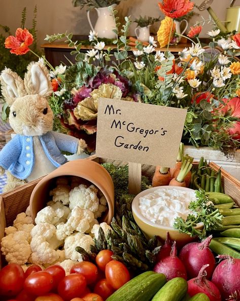 Mr McGregor’s Garden Charcuterie - Pixie Dust & Posies Mr Mcgregors Garden Veggie Tray, Mr Mcgregor Garden, Peter Rabbit Theme Party, Mr Mcgregor, Rabbit Family, Peter Rabbit Birthday, Rabbit Birthday, Storybook Baby Shower, Peter Rabbit Party