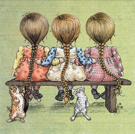 Sarah Kay, Two Cats, Holly Hobbie, Three Sisters, Childrens Illustrations, Vintage Children, Vintage Illustration, Cat Art, No. 2