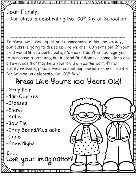 100th Day of School writing. Dress like you're 100 years old family letter. 100 Días De Clases, 100th Day Of School Crafts, 100s Day, Kindergarten February, 100 Day Of School Project, Teaching Holidays, 100 Day Celebration, School Writing, Kindergarten Fun