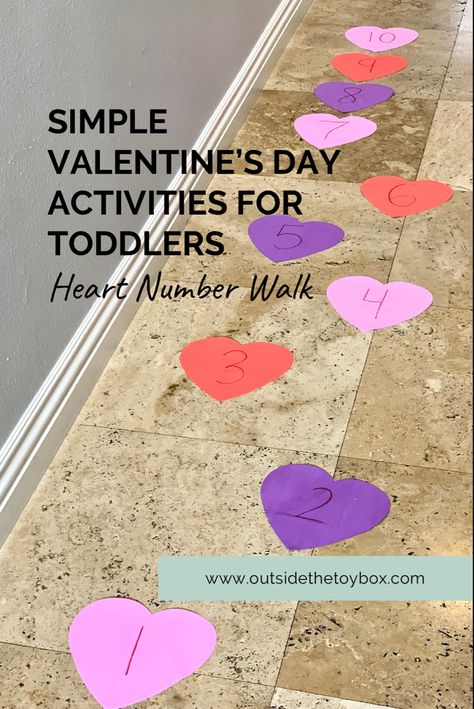 Learn numbers and counting while hopping or walking on numbered hearts. This simple Valentine’s Day activity is perfect for toddlers and preschoolers. It’s quick and easy to set up and can be used again and again. Read more on the blog, plus see more simple activities for kids. Valentines Themed Games For Kids, Valentines Day Games For Toddlers, Valentine’s Day Number Activities, Valentines Learning Activities For Toddlers, Valentines Sensory For Toddlers, Valentines Cognitive Activities For Toddlers, Valentine’s Day Activites For Toddlers, Toddler Valentines Day Gifts Daycare For Parents, Valentine’s Day Cognitive Activity