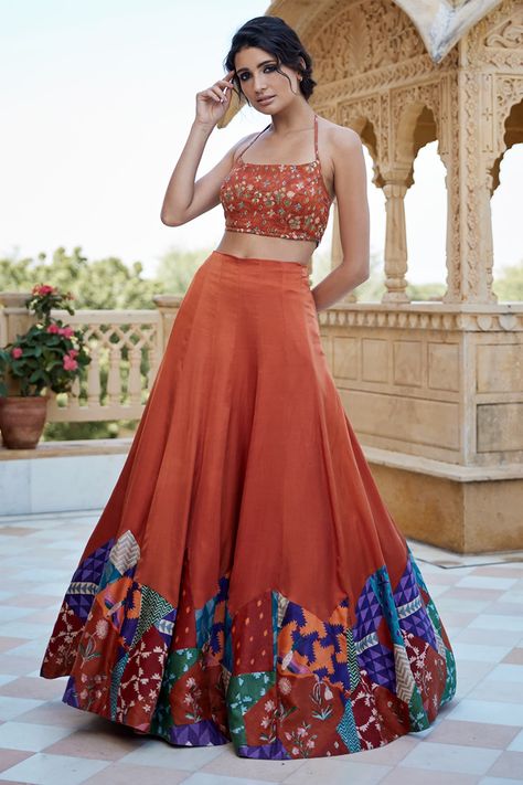 Buy Orange Modal Satin Printed And Embroidered Mixed Flared Lehenga & Blouse Set For Women by Amrood Online at Aza Fashions. Halter Neck Blouse Design, Plain Lehenga, Flared Lehenga, Haldi Ceremony Outfit, Orange Lehenga, Halter Neck Blouses, Simple Lehenga, Lehenga Designs Simple, Orange Outfit