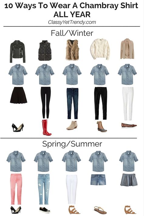 10 Ways To Wear A Chambray Shirt All Year: A chambray shirt can be worn all year in several outfits! Shopping sources are included. Chambray Outfit, Chambray Shirt Outfits, Denim Shirt Outfit, 10 Ways To Wear, Classy Yet Trendy, Minimalist Capsule Wardrobe, Clothes And Shoes, Fashion Capsule, Fashion 101