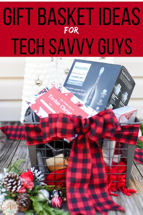 Do you have a hard time finding holiday gifts for the tech-savvy guy in your life? I put together a gift basket that all techies will love! #WorldsSmartestToothbrush #Ad Tech Gift Basket, Raffle Basket Ideas, Raffle Basket, Affordable Christmas Gifts, Raffle Baskets, Brother Christmas, A Gift Basket, Technology Gifts, Themed Gift Baskets