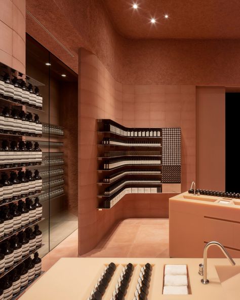 London Aesop store takes its colour from Glamis Castle Esthetic Nails, Aesop Store, Glamis Castle, Concrete Tile Floor, Masonry Construction, Aluminum Shelves, Red Sandstone, Masonry Wall, Small Book