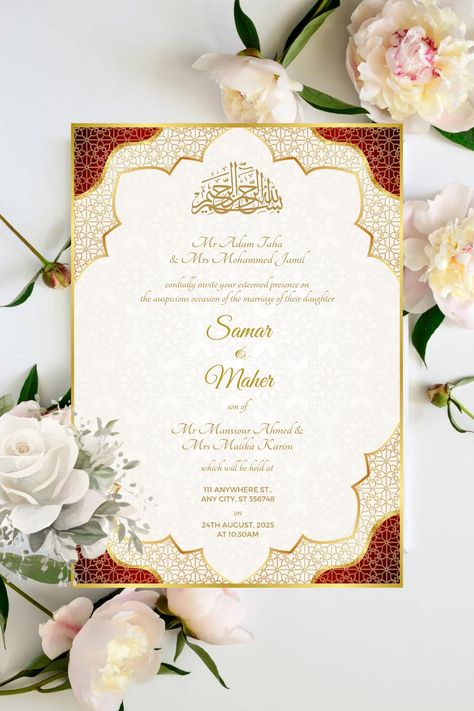 Islamic  White, Gold and Green Wedding invitation, Nikkah Invitation, Muslim Wedding Invite, islamic wedding card This is a digital product (there is no physical product being shipped). This is an editable Islamic wedding invite that features a white and gold colour theme. You will be able to customise this template as you wish, use it as as many times as you want, print copies or even use as a digital invite. You will receive: - Lifetime access to a 5" x 7" printable Muslim wedding invite (whic Muslim Wedding Card Template, Wedding Cards Printable, Muslim Engagement Invitation Cards, Islamic Invitation, Nikkah Cards Invitations, Nikah Invitation Cards, Muslim Wedding Card, Islamic Wedding Card, Islamic Wedding Invitations