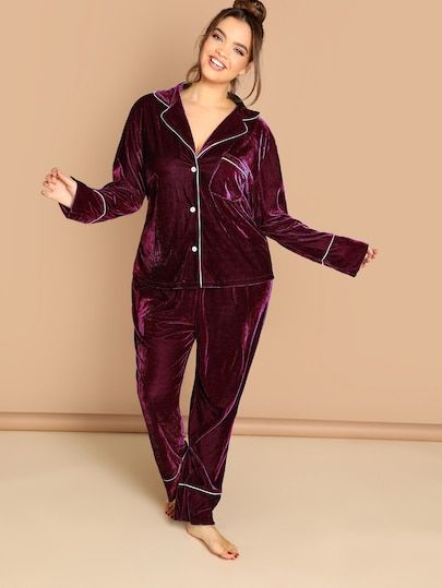 Shop Plus Contrast Tipping Buttoned Velvet Top & Pants Set online. SheIn offers Plus Contrast Tipping Buttoned Velvet Top & Pants Set & more to fit your fashionable needs. Set Clothes, Velvet Blouse, Plus Size Pajamas, Velvet Shirt, Velvet Blouses, Blouse Pants, Velvet Top, Top Pants Set, Moda Plus