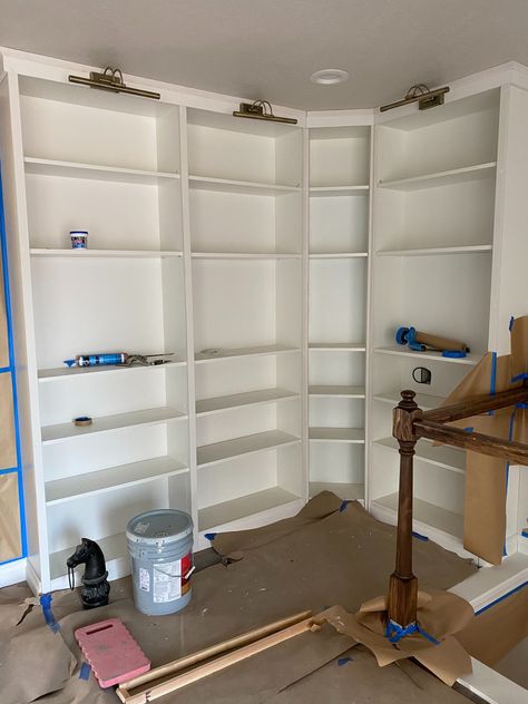 How to turn IKEA Billy Bookcases into a Built In Home Library Corner Library Bookshelves, Corner Built In Shelves, Built In Library, Diy Home Library, In Home Library, Small Home Library, Ikea Book, Office Things, Office Update