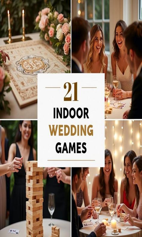 Looking for ways to keep your wedding guests entertained indoors? Discover 21 fun indoor wedding games that will break the ice and create lasting memories! From classic trivia and photo scavenger hunts to creative DIY activities, these games cater to all ages and personalities. Ensure your special day is filled with laughter, joy, and connection. Perfect for receptions, cocktail hours, or whenever the dance floor needs a break! 

#IndoorWeddingGames #WeddingEntertainment #GuestActivities #WeddingFun #CelebrateLove #Weddings2023 Fun Reception Ideas Entertainment Wedding Activities, Cocktail Hour Activities Wedding Indoor, Wedding Cocktail Hour Entertainment, Cocktail Hour Games, Indoor Wedding Games, Wedding Bingo, Home Party Games, Indoor Wedding Receptions, Photo Scavenger Hunt