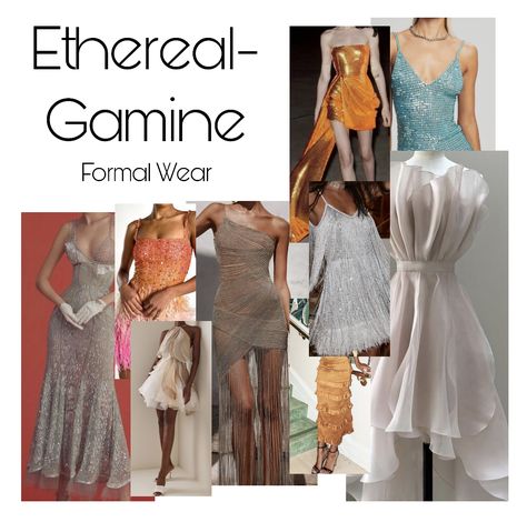 A collage of Ethereal-Gamine essence inspiration for formal wear. Ethereal Dramatic Classic, Gamine Essence Outfits, Flamboyant Gamine Dress, Romantic Ethereal Style, Ethereal Essence Outfits, Ethereal Essence Style, Ethereal Wardrobe, Gamine Aesthetic, Boyish Aesthetic