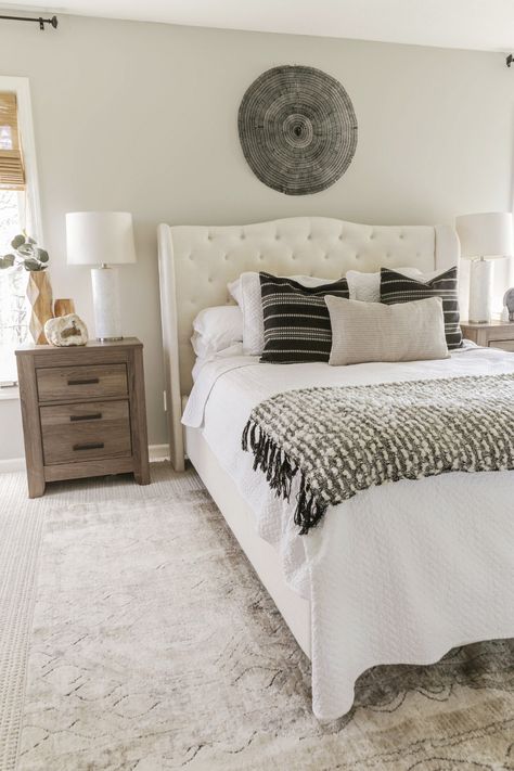 Budget-Friendly Bedroom Update with Boho Neutral Vibes. Repose Grey Walls and cream colored headboard. #masterbedroom #moderndecor #masterbedroomsdecormodern Perfect Grey Paint Color, Perfect Grey Paint, Neutral Vibes, Repose Gray Sherwin Williams, Light Grey Paint Colors, Living Room Transformation, Repose Gray, Bedroom Updates, Boho Chic Bedroom