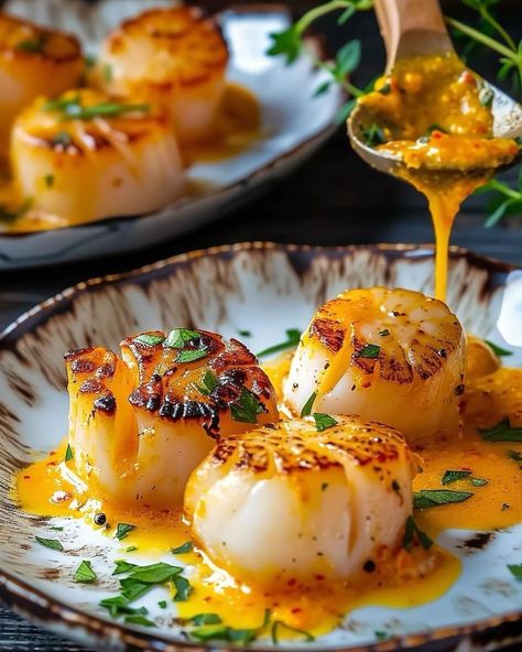 Scallops Luxe in Saffron Cream Sauce @chefmarcelomintz Ingredients: ✔️1⁄3 cup White wine ✔️1 teaspoon Saffron threads ✔️1 pound Scallops ✔️ 2 tablespoons Avocado oil ✔️ 1 tablespoon Butter ✔️ 3 cloves Garlic, minced ✔️ 1⁄2 Shallot, finely chopped ✔️ 1⁄2 cup Heavy cream ✔️ 2 teaspoons Tomato paste ✔️ 1 teaspoon Sea salt ✔️ 1 teaspoon Pepper ✔️ 2 teaspoons Parsley, chopped Preparation: Heat the white wine in a small saucepan over medium-high heat. Once boiling, transfer the wine into a bowl... Recipes Scallops, Saffron Cream Sauce, Saffron Cream, Coquilles St Jacques, Saffron Threads, Jamie Oliver Recipes, Sweet And Sour Sauce, Scallops Seared, Fried Vegetables