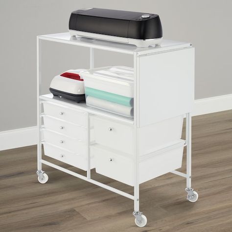 Rolling Craft Cart, Cricut Storage, Office Craft Room Combo, Small Craft Rooms, Craft Cart, Projets Cricut, Rolling Storage Cart, Rolling Storage, White Storage