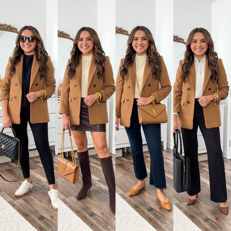 Light Brown Blazer Outfit, Brown Blazer Outfit, Blazer Outfits Casual, Brown Suede Boots, Blazer Outfit, Ivory Sweater, Brown Blazer, Faux Leather Skirt, Blazer Outfits