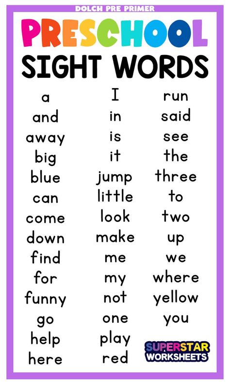 Free preschool sight word lists, printables, games, activities, worksheets and more! Teach your child to read with our free sight word printables from Dolch Pre Primer Sight Word Lists. Free Sight Word Printables, Preschool Sight Words Activities, Sight Word Printables, Dolch Sight Word Activities, Sight Word Worksheets Free, Sight Word Spelling, Basic Sight Words, Pre Primer Sight Words, Preschool Sight Words