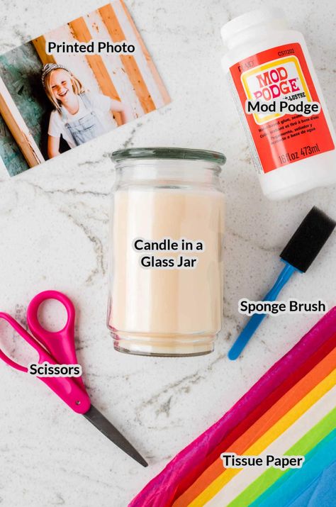 Picture On Candle Diy, Candle With Picture Diy, Photo Candles Diy Pictures, Photo Candle Holder, Mod Podge Gift Ideas, Picture Gift Ideas For Grandparents, Homemade Christmas Gift Ideas For Grandparents, Photo Luminaries Diy, Memorial Candles Diy