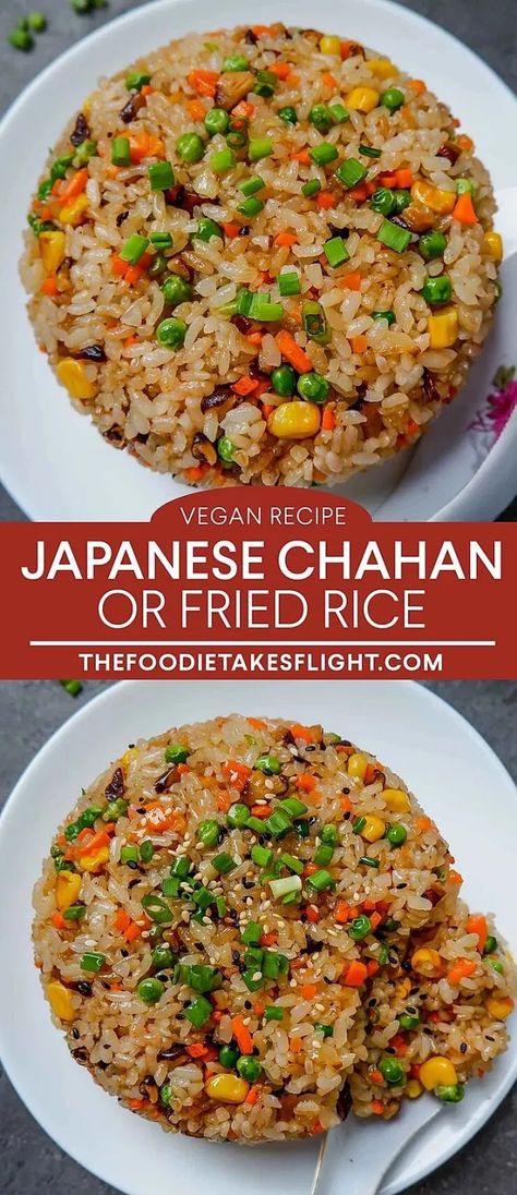 Japanese Chahan or Fried Rice (Vegan Recipe) - The Foodie Takes Flight Vegan Stir Fry Rice, Vegan Fried Rice Recipe, Asian Fried Rice, Tofu With Rice, Sweet Chili Tofu, Fried Rice Vegan, Chili Tofu, Vegan Japanese Food, Rice Japanese