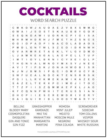 If you know the difference between a Manhattan and a Mojito, then you’ll enjoy finding the 24 cocktails in this FREE printable Cocktails Word Search Puzzle. Who knows, you might even learn a new one to order on your next night out! Adult Word Search Printables, Word Search Puzzles For Adults, Word Brain Teasers, Hitchcock Movies, Sudoku Printable, Word Puzzles For Kids, Free Word Search Puzzles, Word Search Puzzles Printables, Free Printable Word Searches