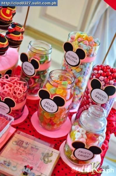 Mickey Mouse Candy Table Ideas, Minnie Mouse Candy Table, Mickey Mouse Treats, Candy Buffet Table, Mouse Candy, Ideas Wedding Party, Mickey 1st Birthdays, Minnie Mouse Theme Party, Minnie Mouse Birthday Party Decorations