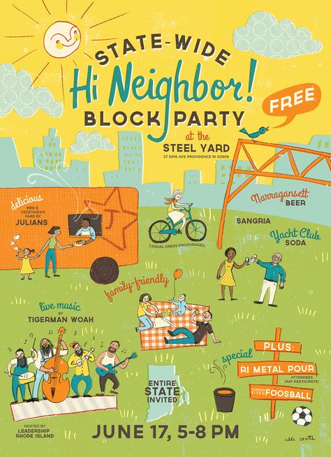 Neighborhood Illustration, Happy Neighborhood, Event Poster Inspiration, Neighborhood Logo, Food Festival Poster, Neighborhood Party, Illustrated Poster, Neighborhood Watch, Page Layout Design