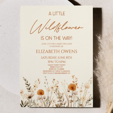 $2.09 | Boho A Little Wildflower Wild Flower Baby Shower - invites invitation, digital download, floral garden botanical greenery, baby shower, baby girl girly, a little wildflower, is on the way, wild flowers cute, boho bohemian modern elegant cute, brown burnt orange beige tan Wild Flower Baby Shower Ideas, Wild Flower Baby Shower, Wildflower Is On The Way, Blush Pink Baby Shower, Flower Baby Shower, Peach Baby Shower, Girl Bday Party, Wildflower Baby Shower, Flowers Cute