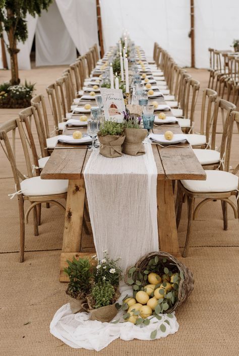 Tuscany Themed Party Decorations, Lemon Garden Party, Simple Farm Wedding Ideas, Tuscany Style Wedding, Tuscan Wedding Theme, Lemon Themed Wedding, Rustic Italian Wedding, Wedding Table Layouts, Herb Wedding