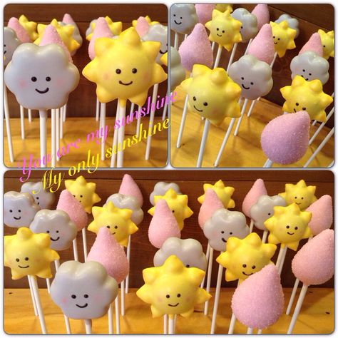 "You are my sunshine" baby shower themed cake pops by Kim's Sweet Karma https://www.facebook.com/Kimssweetkarma Cake Pops Ideas, Sun Cake, Sunshine Birthday Parties, Sunshine Cake, My Only Sunshine, Cloud Cake, Weather Theme, Baby Shower Cake Pops, Sunshine Baby Showers