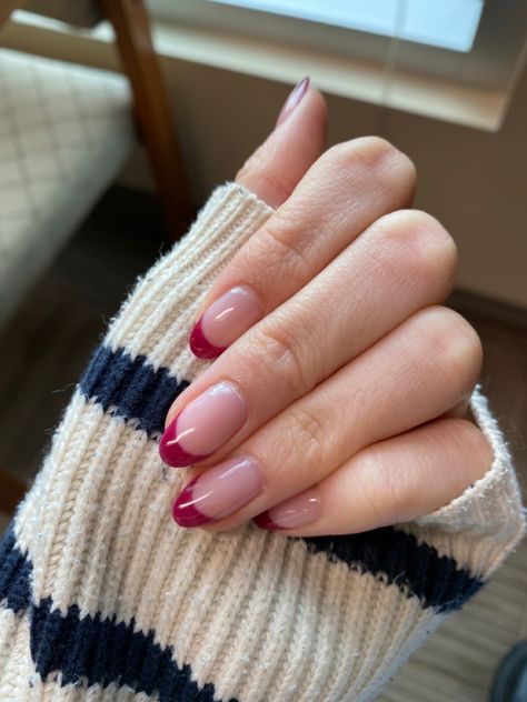 Dark Pink French Tip Nails Almond, Garnet French Tip Nails, Short Nail Red French Tip, Raspberry French Tip Nails, Small Almond French Tip Nails, Cranberry French Tip Nails, Berry French Tip Nails, November Nails French Tip, Dark Red Tip Nails