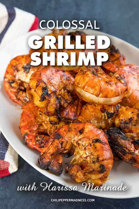 Large Shrimp Recipes Grilled, Grilled Large Shrimp, Colossal Shrimp Recipe Dinners, Large Prawn Recipes, Colossal Shrimp Recipe, Grilled Shellfish, Harissa Marinade, Best Shrimp Marinade, Colossal Shrimp Recipes