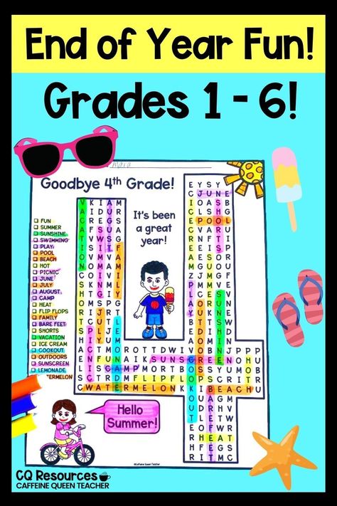 Students will love these end of the school year word search and banner activities Perfect for students to celebrate summer and end-of-the-year activities keep students busy on final days. Grades 1-6. Decorate with students' memories and for decorating the classroom or hallway. Use before summer vacation or summer break during the end of the school year. Summer Word Search Printable. Printable summer fun activity. End of the school year activity or road trip boredom buster. Clever Classroom Ideas, Summer Break Activities, Activities For 1st Graders, Summer Word Search, School Party Games, Summer Puzzle, End Of The Year Activities, Summer Words, Caffeine Queen