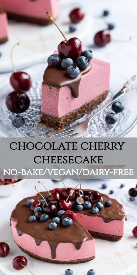 Cheesecake Recipes Cherry, Vegan Cherry Cheesecake, Vegan Cherry Recipes, Gluten And Dairy Free Dessert Recipes, Vegan Cherry Cake, Vegan Cherry Desserts, Vegan Cheescake, Cherry Recipes Healthy, Chocolate Cherry Cheesecake