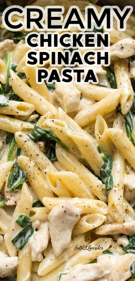 Chicken And Spinach Pasta, Creamy Chicken Spinach, Creamy Chicken Spinach Pasta, Chicken Spinach Recipes, Creamy Spinach Chicken, Spinach Pasta Recipes, Chicken Spinach Pasta, Salt Lavender, Creamy Chicken Pasta