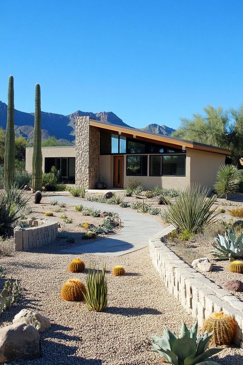 Mid-century modern house with desert landscape and mountains. Peek at the retro charm of 60s style house exteriors and find inspiration for adding a splash of timeless groove to your home. Desert Home Exterior, 60s Architecture, Oasis Springs, Butterfly Roof, Desert House, Modern Desert, Suburban House, 60s Style, Desert Homes