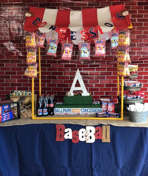 Concession stand. Baseball #diy #concessionstand #baseball #baseballtheme I did this for my nephews 1st bday. Let me know if u have questions about the details ! Concession Stand Party Ideas Food Tables, Sports Themed Birthday Party Ideas Food Concession Stands, Baseball Party Concession Stand Ideas, Concession Stand Sign Ideas, Baseball Booth Ideas, Baseball Party Concession Stand, Baseball Concession Stand Party Ideas, Diy Baseball Party Decorations, Baseball Concession Stand Ideas