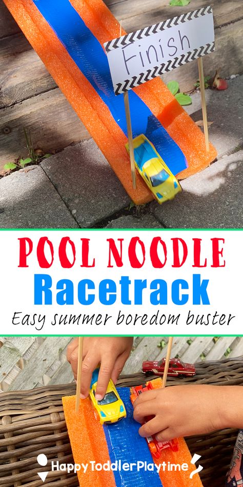 How to Make a Pool Noodle Racetrack this Summer - HAPPY TODDLER PLAYTIME Summer Boredom Busters, Easy Kid Activities, Gross Motor Activity, Summer Boredom, Easy Toddler Crafts, Creative Lesson Plans, Let The Games Begin, Pool Noodle, Gross Motor