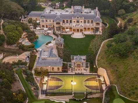 Beverly Park, Paneled Library, Beverly Hills Mansion, Double Staircase, Beverly Hills Houses, Mega Mansions, Resort Style Pool, Mark Wahlberg, Expensive Houses