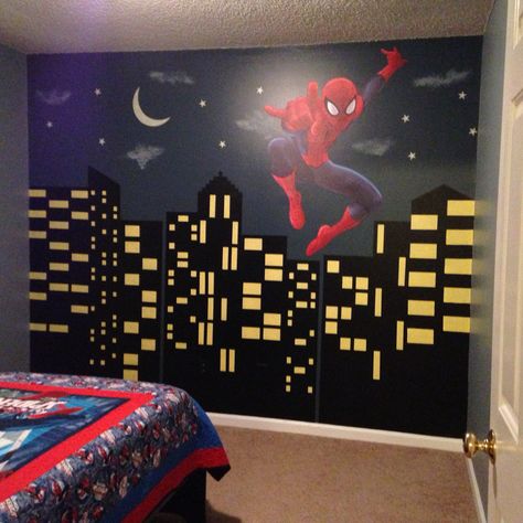 Spiderman Bedroom Ideas Diy, Spider Man Room Ideas Kids, Spider Man Room Ideas, Spider-man Room, Spider Man Bedroom Ideas, Spiderman Kids Room, Spider Man Room, Spiderman Room Decor, Cityscape Mural