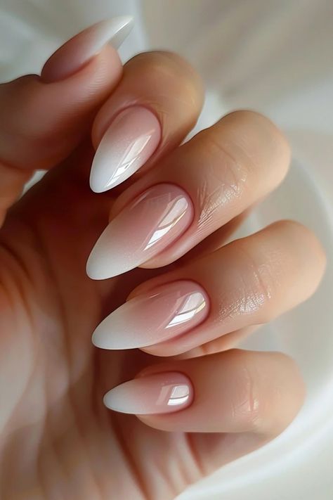 Oval Ombré Nails, Ombre Nude Nails Almond Shape, Ombré French Dip Nails, Braid Nails Wedding, French Ombré Chrome, Chrome Ombre French Tip Nails, Ombré French Manicure, Neutral Ombre Nails Almond, Blended French Nails