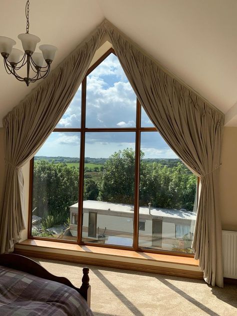 We were asked recently to dress this large apex window — Lesley James – Curtains, blinds and soft furnishings – Gower | Mumbles | Swansea Apex Windows, Loft Curtains, Cottages Interiors, Apex Window, Gable Window, Barn Bedrooms, House Bedroom Ideas, House Blinds, House Extension Design