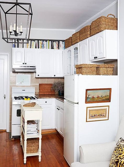 11 Smart Ways to Use the Space Above Your Cabinets | Kitchn Above Cabinet Decor, Space Above Kitchen Cabinets, Decorating Above Kitchen Cabinets, Above Kitchen Cabinets, Above Cabinets, Small Apartment Kitchen, Apartment Makeover, Kitchen Decor Apartment, Kitchen Cabinets Decor